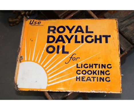 A double-sided enamel point of sale advertising sign for ROYAL DAYLIGHT LAMP OILS. By Protector Eccles. 51cm x 40.5cm.  In go