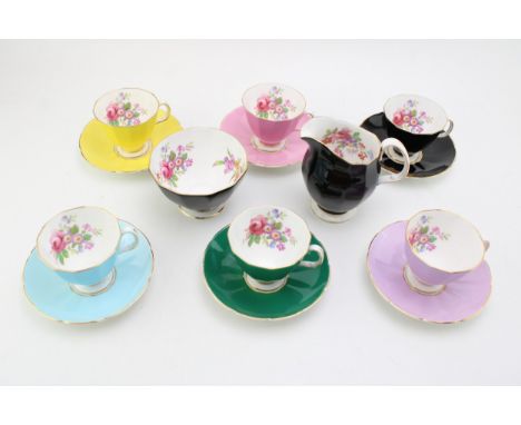 Royal Adderley floral harlequin coffee ware to include 6 cups and saucers, a cream jug and a sugar bowl (14).  In good condit