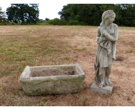 Composite stone gardens statue of a lady - 81 cm. A composite stone trough - Width 83 cm .    