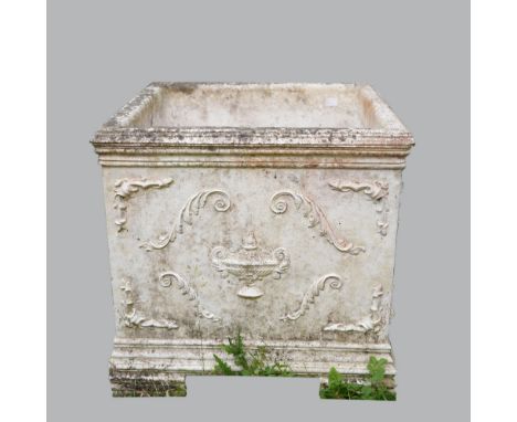 Composite stone square planter decorated with urns and foliage-  width 48 cm .    Weathered. Some minor losses. 