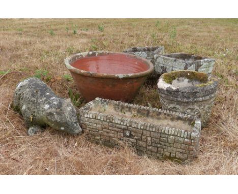 Four composite stone garden planters, a glazed garden planter, composite stone bird bath  and a composite stone garden statue