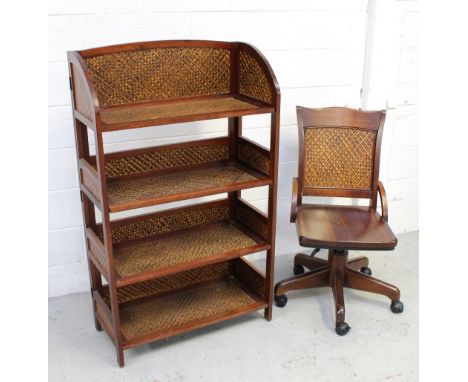 A mahogany adjustable swivel office chair and a matching collapsible four-shelf bookcase (2).