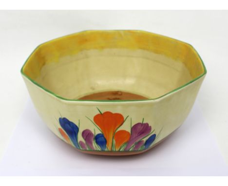 A Clarice Cliff Bizarre 'Crocus' hand-painted octagonal bowl, printed Newport Pottery marks to base, diameter 23cm. CONDITION