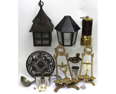 A mixed lot including Coalbrookdale type pierced dish, vintage brass car warning lamp, two brass easels, two lanterns etc.