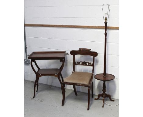 A reproduction two-tier mahogany side table with lower shelf on curved tapering supports, a butler-style tray, a circular mah