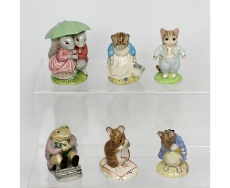 Six Royal Albert Beatrix Potter figurines to include 'Ribby and the Patty Pan', 'Gentleman Mouse Made a Bow', 'No More Twist'