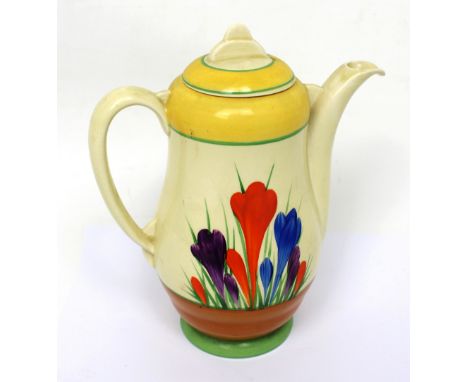 A Clarice Cliff Wilkinson Ltd small coffee pot painted in the 'Crocus' pattern, printed Wilkinson Ltd marks to base, height 1
