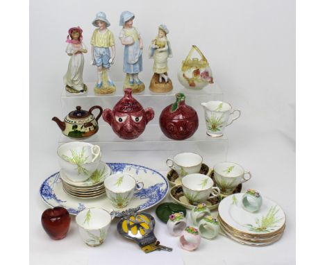 A box of mixed ceramics to include vintage teaware, a Torquay teapot, early 20th century bisque figurines etc.