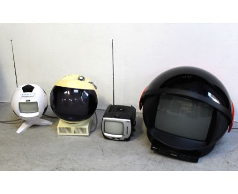 A retro Philips 'Discoverer' space helmet type television, a JVC 'Orb' television, a vintage Mtech car television and a novel