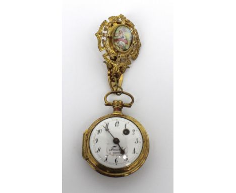 Feuilles A Montaigu; a gilt metal key-wind open face pair-case fusee verge pocket watch with enamel châtelaine.