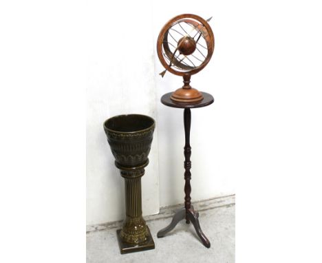 A ceramic green glazed two-part jardinière stand, height 80.5cm, a further wooden jardinière stand and a globe (3). 