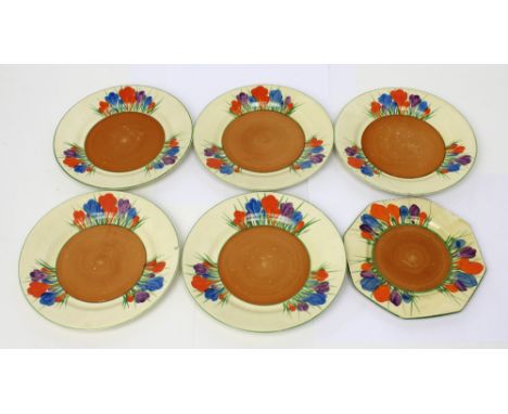 Five Clarice Cliff tea plates painted with the 'Crocus' pattern, printed Wilkinson Ltd marks to bases, diameter of each 16.5c