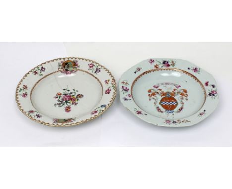 Two 18th century Famille Rose armorial bowls; one with central terracotta shield with blue and white checkerboard band, three