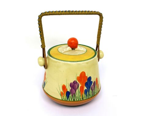 A Clarice Cliff Bizarre 'Crocus' hand-painted lidded biscuit barrel with cover, printed Newport Pottery marks to base, height
