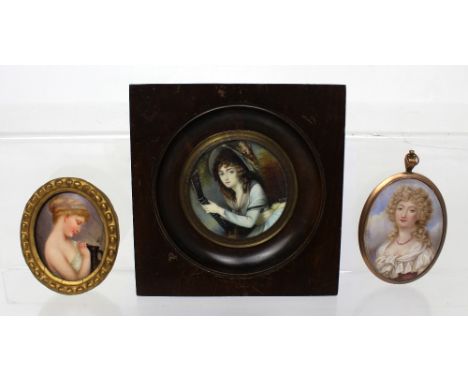 Three late 19th century portrait miniatures, a young lady playing the mandolin, in a brass and wooden frame, signed lower-rig