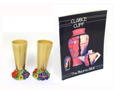 A pair of Clarice Cliff Bizarre 'My Garden' hand-painted vases, height 14.5cm (one af) and a Clarice Cliff book 'The Bizarre 