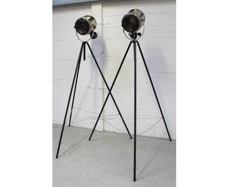 A pair of vintage 'Furse' chrome theatre/stage lights, on later tripod bases (2).