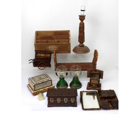 An Oriental treen carved table lamp and an Indian carved letter rack, various boxes to include a faux tortoise shell example,