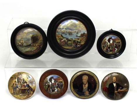 Seven 19th century Prattware pot lids comprising 'Sebastipol', framed, 'The Chin-Chew River', framed, two bear-baiting exampl