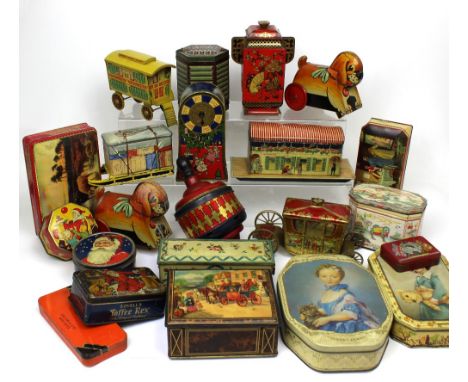 A large collection of mainly 'Jacobs' biscuit tins to include one in the form of a squeeze box, on in the form of a trumpet, 