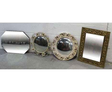 Four vintage and contemporary mirrors; a circular convex mirror, a circular mirror in ornate metal frame, a brass-framed rect