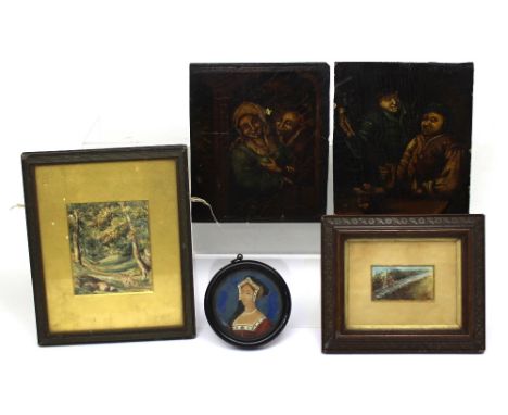 A pair of small 18th/19th century oils on board, 20.5 x 17.5cm, unframed, with two small framed and glazed watercolours and a