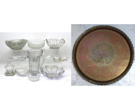 A quantity of vintage pressed and cut glass to include large decorative bowls, vases, pin dishes, jugs etc and an Eastern-ins