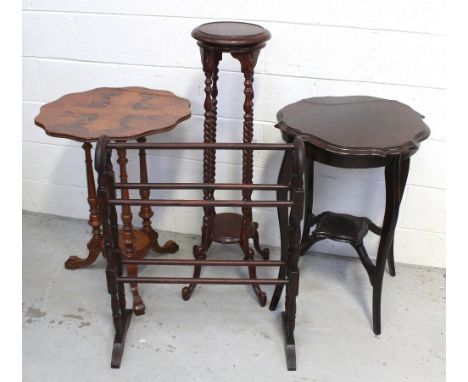 An Italian floral inlaid curved edge table on turned tripartite supports to outswept feet, with small lower shelf, a pine mah