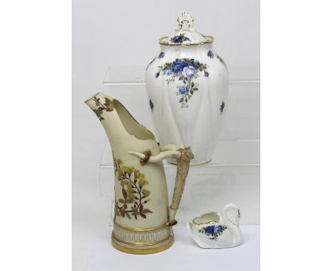 A Royal Worcester ivory blush hand painted jug decorated with decorative bark style splayed handle, green Worcester mark to b