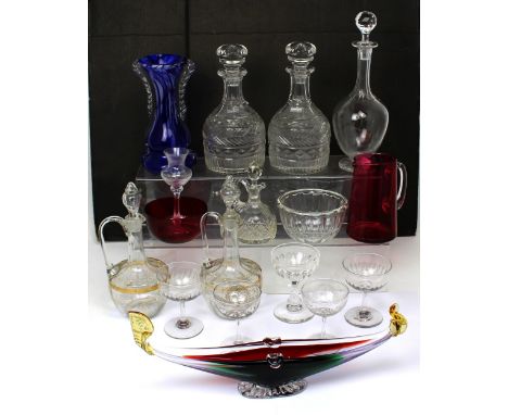 A quantity of glassware to include cut glass, wine glasses, a pair of 19th century decanters, a cranberry glass jug and bowl 