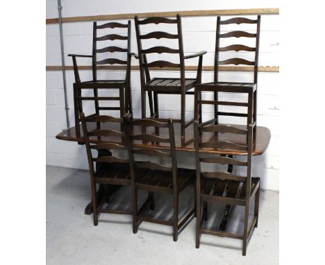 An oak Ercol rectangular 'Old Colonial' style dining table on curved slab supports and cross stretcher, length 178cm and set 