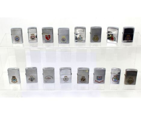 Sixteen boxed Zippo cigarette lighters with British Military themed logos including 'RAF', 'Sheffield First Commission 1988',