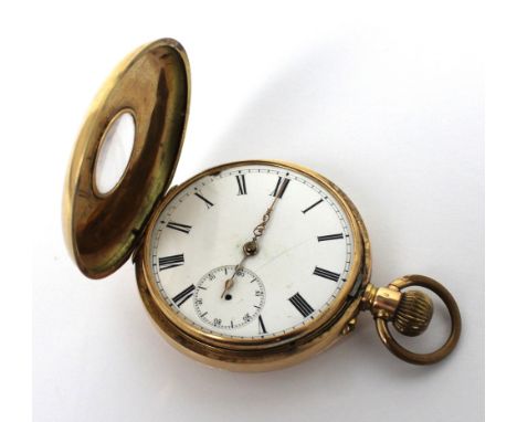 A 14ct gold keyless-wind half hunter pocket watch, white enamel dial set with Roman numerals and subsidiary seconds dial (af)