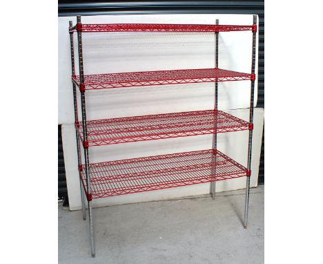 A four-shelf silvered and red-painted metal racking system, 156 x 119cm. 