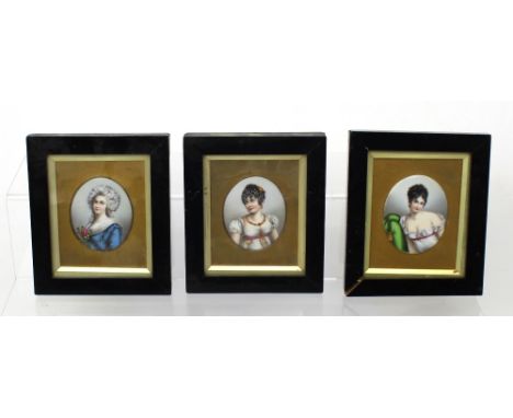 UNATTRIBUTED; a set of three early 20th century watercolours on ceramic plaques in the Continental style, three young ladies 