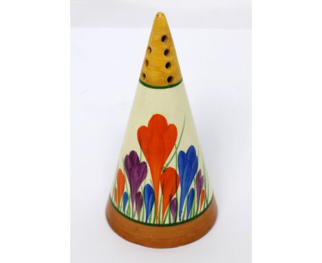 A Clarice Cliff Bizarre 'Crocus' hand-painted conical sugar sifter, height 13cm.  CONDITION REPORT Age-related wear, very sma