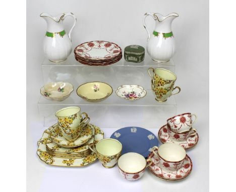 A quantity of ceramics to include a pair of early 20th century Spode vases with green band, gilt heightened and splayed handl