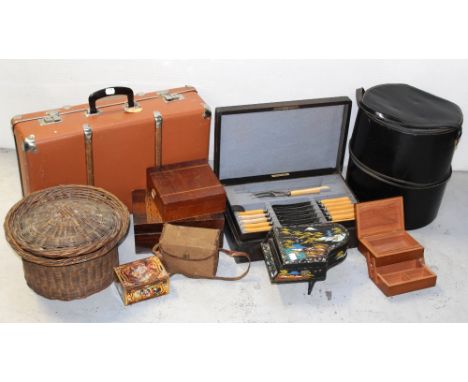 A mid-20th century black hat box, a vintage round wicker basket, a musical jewellery box in the form of a piano (af), three v