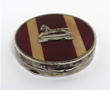 A George V hallmarked silver compact with guilloché and emblematic insignia to the top for the West Yorkshire Regiment, Birmi