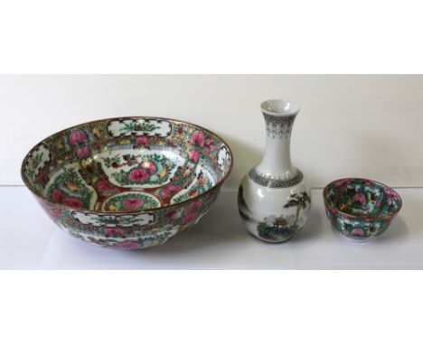 A large Chinese Famille Rose style bowl, diameter 25cm (af), a similar smaller bowl bearing four painted character marks to b