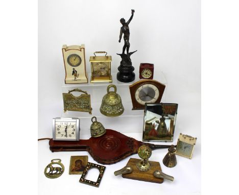 Five vintage clocks to include a Mr Pickwick decorative clock, four other mantel clocks, brass bells, a bronzed effect figuri