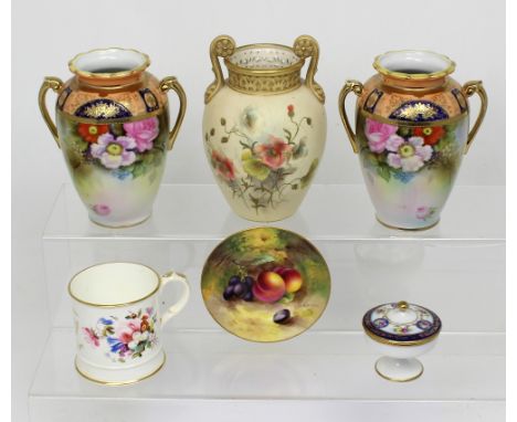 A pair of Noritake twin handle baluster vases, florally decorated and gilt heightened, height 16cm, a Royal Worcester twin ha