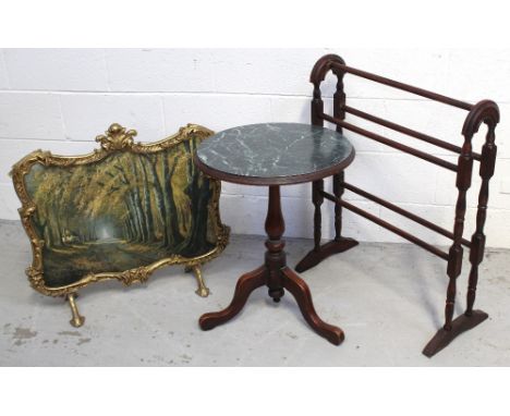 A late 19th/early 20th century circular side table with faux marble top on a tripartite support, a pine mahogany-stained towe