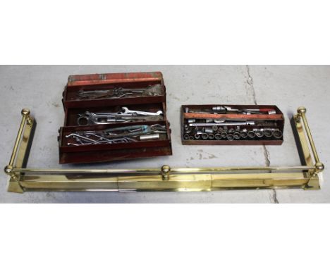 A metal toolbox containing a quantity of Britool engineering tools and a brass fender (2).