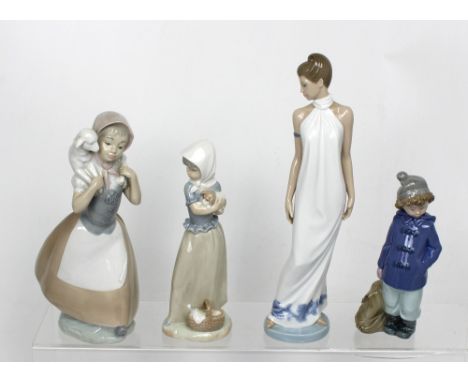 Four Nao figures; a young woman in evening dress, girl holding a puppy, shepherdess with lamb and a schoolboy with satchel (4