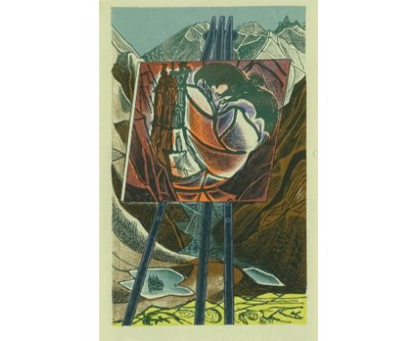 Edward Bawden, colour lithograph circa 1950s, mountains, image 7.5" x 4.75", framed.