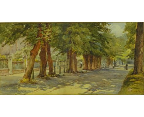 M Winham, watercolour, a tree-lined promenade, signed, 9" x 17.5", framed.