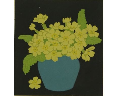 John Hall Thorpe, colour wood-cut print, primroses, signed in pencil, image 6.5" x 6" and watercolour, golfing scene by a dif
