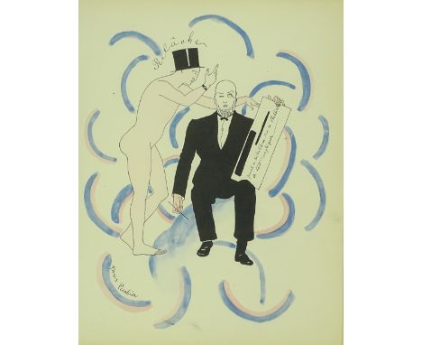 Francis Picabia, pochoir print, Eric Satie, signed, 13" x 9.5", framed.