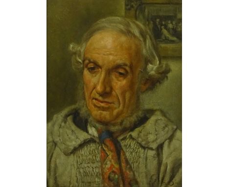 Sir George Clausen RA (1852-1944), oil on panel, portrait of a man, signed with initials, dated '08, partial label verso, 7.7